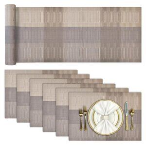 Table runner and placemats set 7 washable heat resistant woven vinyl gold kitche